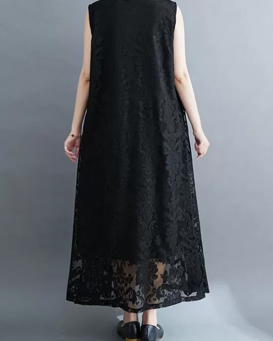 A-Line Loose Lacy See-Through Solid Color Split-Side Round-Neck Midi Dresses