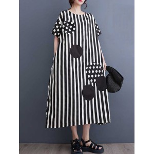 Loose Short Sleeves Polka-Dot Striped Round-Neck Midi Dresses