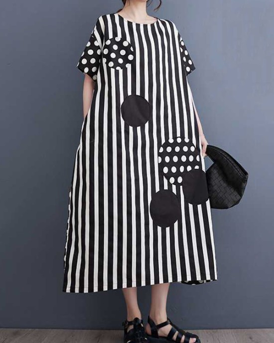 Loose Short Sleeves Polka-Dot Striped Round-Neck Midi Dresses