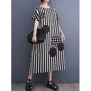 Loose Short Sleeves Polka-Dot Striped Round-Neck Midi Dresses