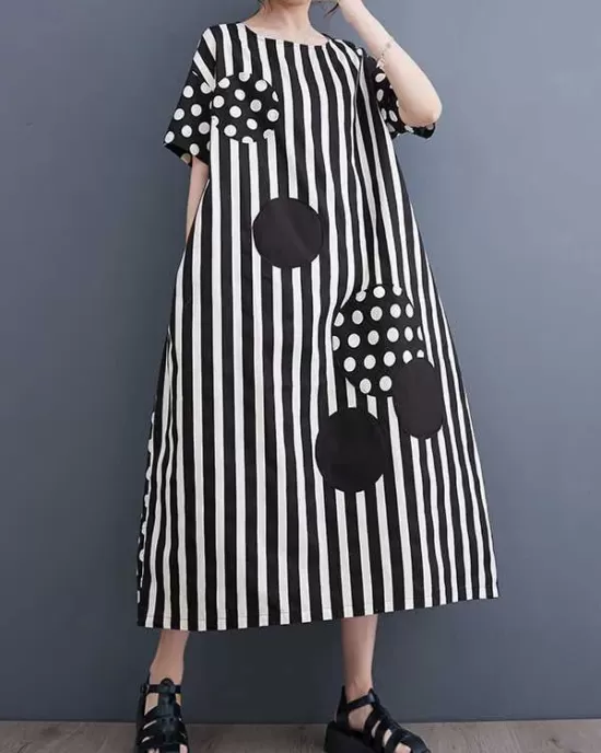 Loose Short Sleeves Polka-Dot Striped Round-Neck Midi Dresses