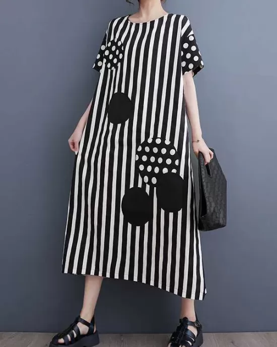 Loose Short Sleeves Polka-Dot Striped Round-Neck Midi Dresses