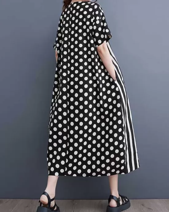 Loose Short Sleeves Polka-Dot Striped Round-Neck Midi Dresses