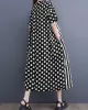 Loose Short Sleeves Polka-Dot Striped Round-Neck Midi Dresses