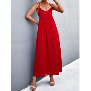 Backless Solid Color Tied A-Line High Waisted Deep V-Neck Slip Dress Midi Dresses