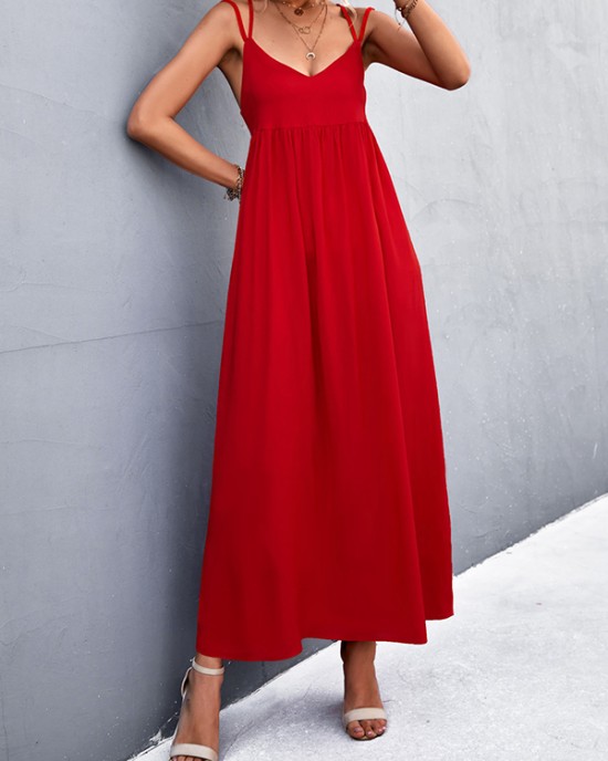 Backless Solid Color Tied A-Line High Waisted Deep V-Neck Slip Dress Midi Dresses