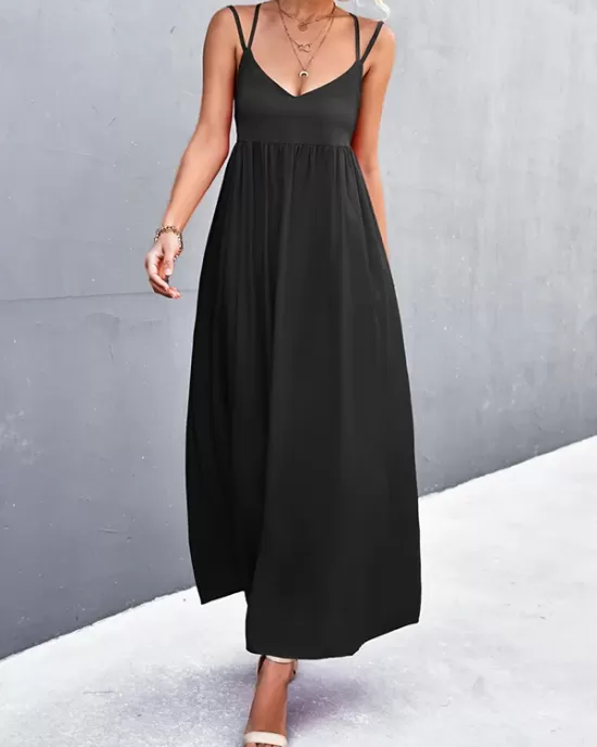 Backless Solid Color Tied A-Line High Waisted Deep V-Neck Slip Dress Midi Dresses