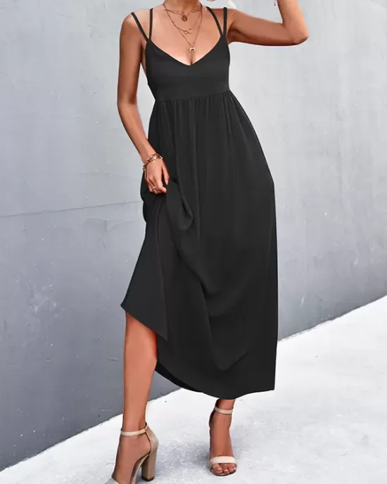 Backless Solid Color Tied A-Line High Waisted Deep V-Neck Slip Dress Midi Dresses