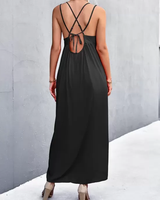 Backless Solid Color Tied A-Line High Waisted Deep V-Neck Slip Dress Midi Dresses