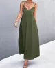 Backless Solid Color Tied A-Line High Waisted Deep V-Neck Slip Dress Midi Dresses