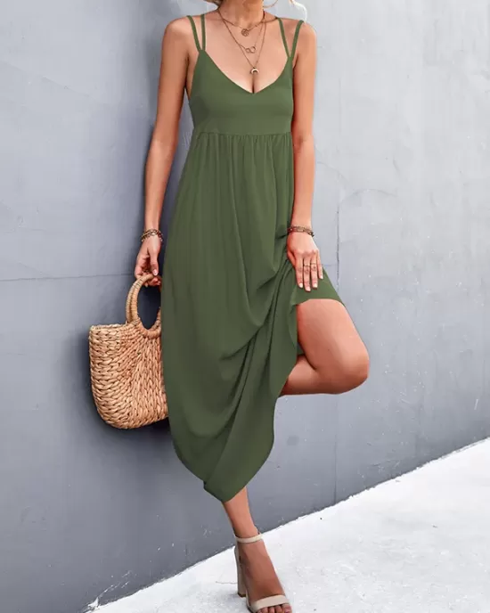 Backless Solid Color Tied A-Line High Waisted Deep V-Neck Slip Dress Midi Dresses