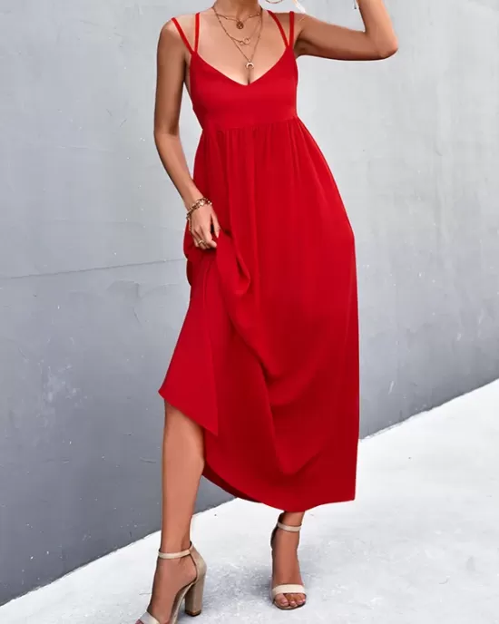 Backless Solid Color Tied A-Line High Waisted Deep V-Neck Slip Dress Midi Dresses