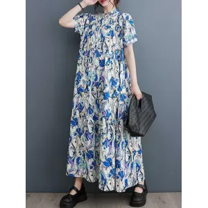 Printed Split-Joint A-Line Loose Stand Collar Midi Dresses