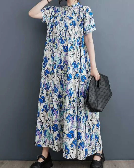 Printed Split-Joint A-Line Loose Stand Collar Midi Dresses