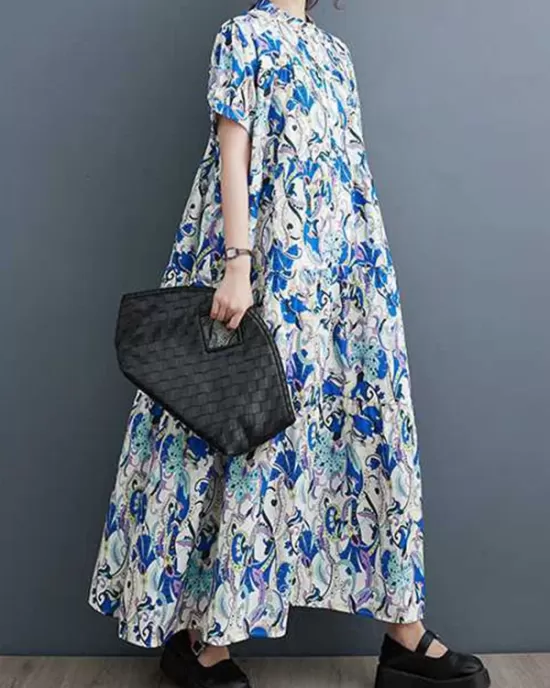 Printed Split-Joint A-Line Loose Stand Collar Midi Dresses