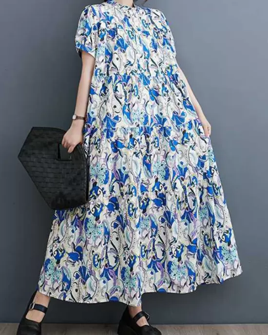 Printed Split-Joint A-Line Loose Stand Collar Midi Dresses