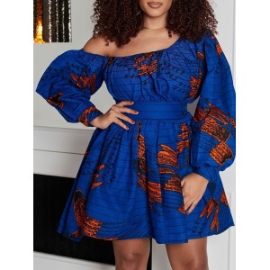 Elasticity Printed Tied Waist High Waisted Loose One-Shoulder Mini Dresses