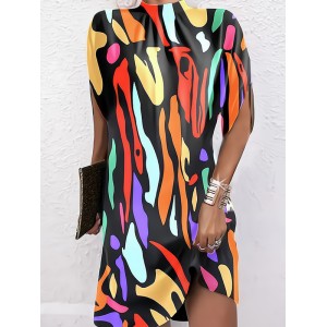 Printed Batwing Sleeves Loose Round-Neck Mini Dresses