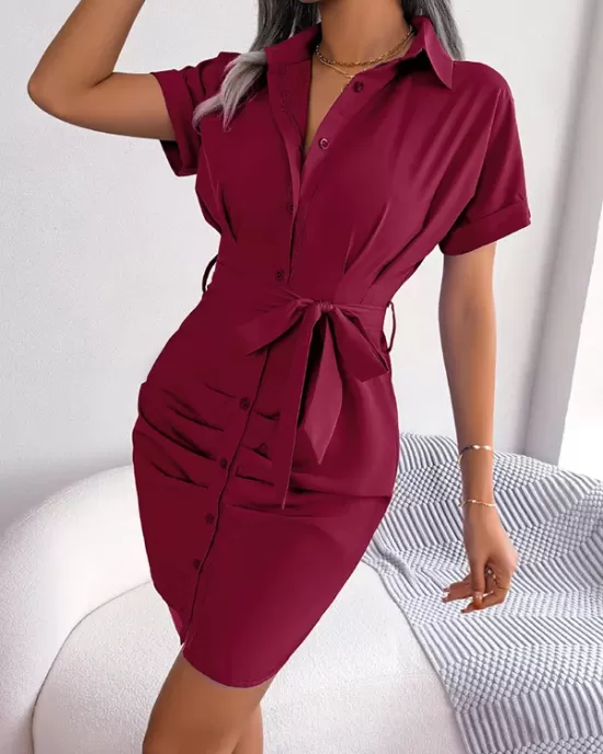 Bandage Pleated Solid Color Short Sleeves Lapel Mini Dresses