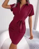 Bandage Pleated Solid Color Short Sleeves Lapel Mini Dresses