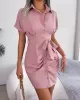 Bandage Pleated Solid Color Short Sleeves Lapel Mini Dresses