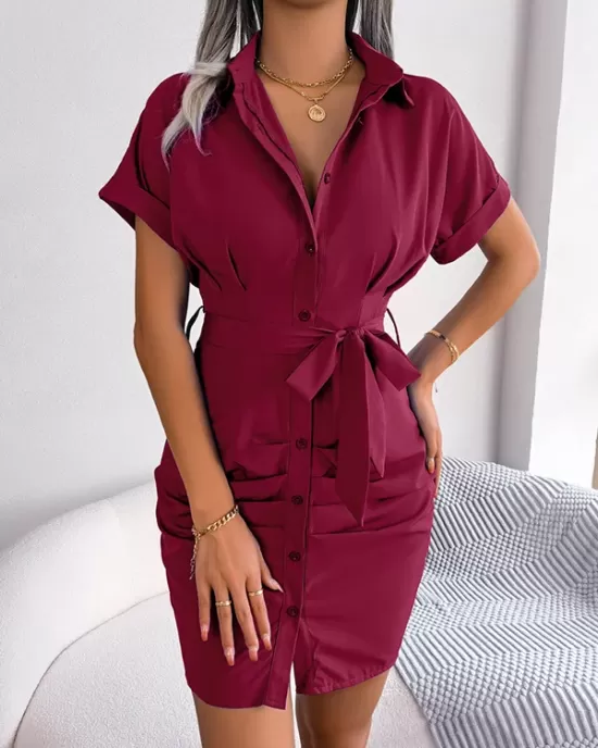 Bandage Pleated Solid Color Short Sleeves Lapel Mini Dresses