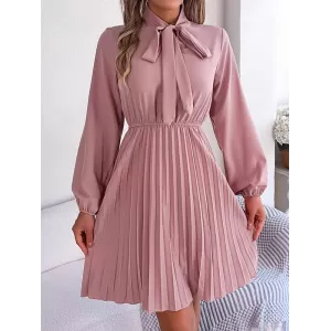 Pleated Solid Color Tied Long Sleeves Loose Mock Neck Mini Dresses