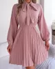 Pleated Solid Color Tied Long Sleeves Loose Mock Neck Mini Dresses