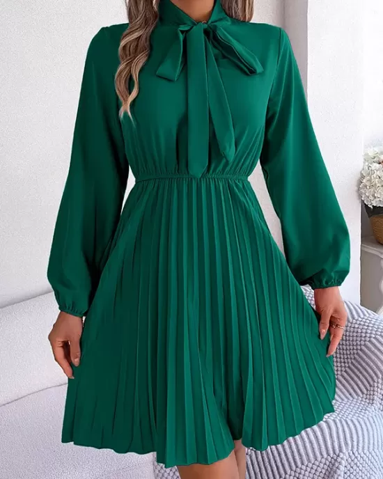 Pleated Solid Color Tied Long Sleeves Loose Mock Neck Mini Dresses