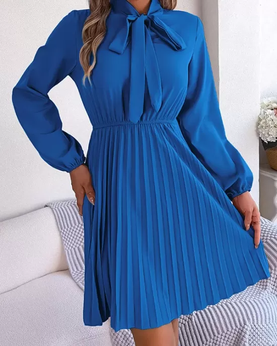 Pleated Solid Color Tied Long Sleeves Loose Mock Neck Mini Dresses