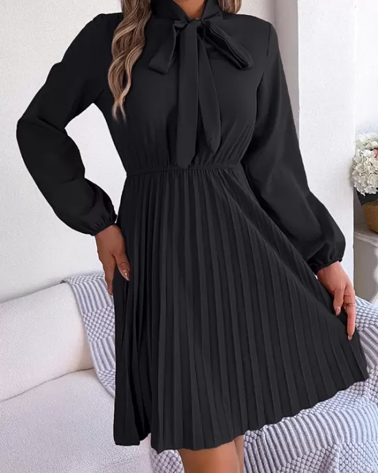 Pleated Solid Color Tied Long Sleeves Loose Mock Neck Mini Dresses