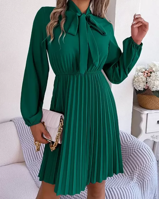 Pleated Solid Color Tied Long Sleeves Loose Mock Neck Mini Dresses