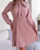 Pleated Solid Color Tied Long Sleeves Loose Mock Neck Mini Dresses