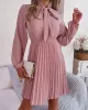 Pleated Solid Color Tied Long Sleeves Loose Mock Neck Mini Dresses