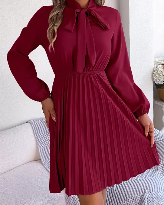 Pleated Solid Color Tied Long Sleeves Loose Mock Neck Mini Dresses