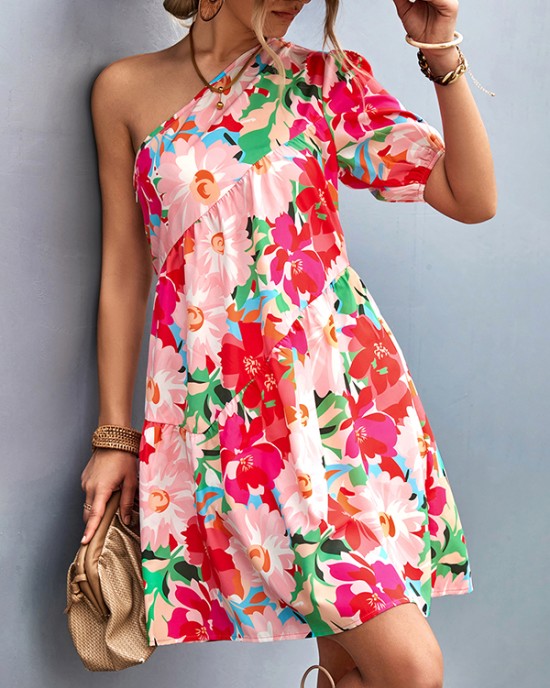 Flower Print Split-Joint A-Line Bishop Sleeve One-Shoulder Mini Dresses