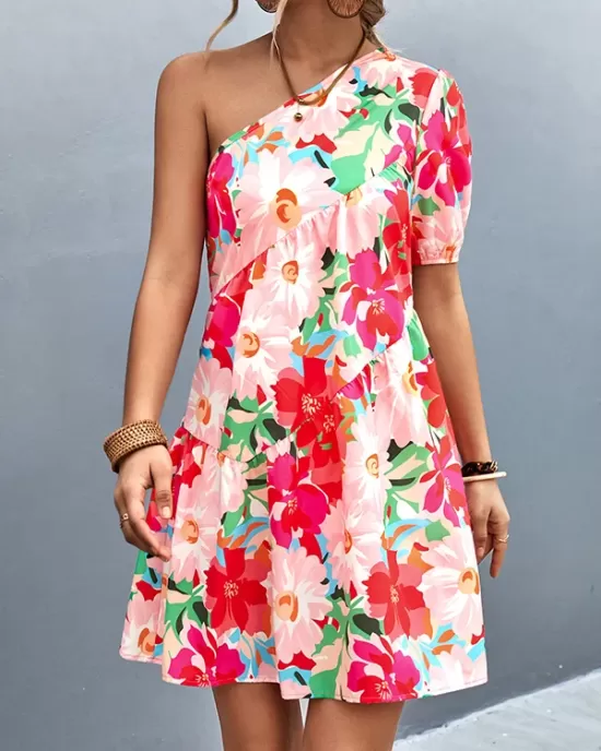 Flower Print Split-Joint A-Line Bishop Sleeve One-Shoulder Mini Dresses