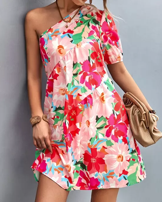 Flower Print Split-Joint A-Line Bishop Sleeve One-Shoulder Mini Dresses