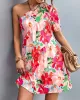 Flower Print Split-Joint A-Line Bishop Sleeve One-Shoulder Mini Dresses