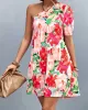 Flower Print Split-Joint A-Line Bishop Sleeve One-Shoulder Mini Dresses