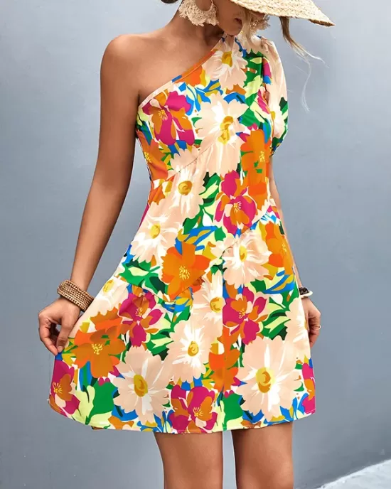 Flower Print Split-Joint A-Line Bishop Sleeve One-Shoulder Mini Dresses