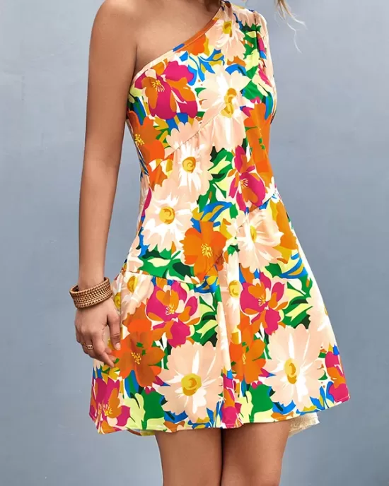 Flower Print Split-Joint A-Line Bishop Sleeve One-Shoulder Mini Dresses