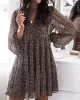 Buttoned Leopard Pleated Long Sleeves Loose V-Neck Mini Dresses