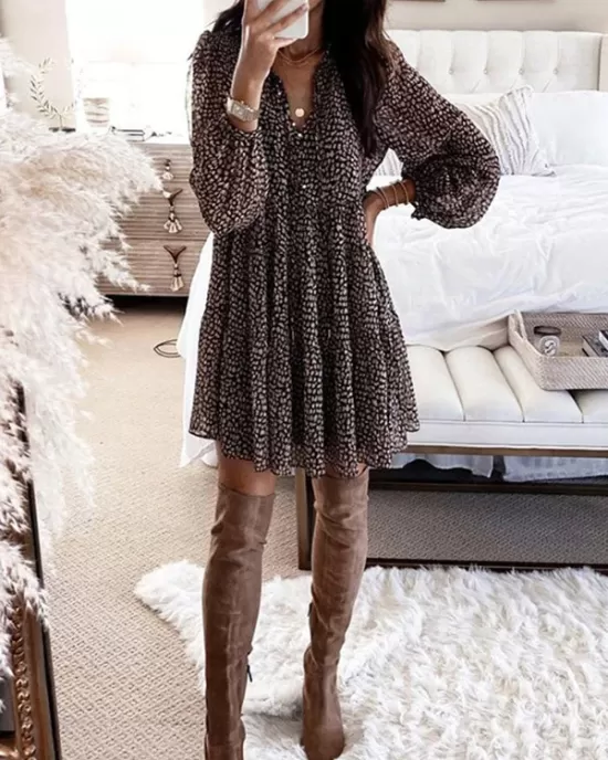 Buttoned Leopard Pleated Long Sleeves Loose V-Neck Mini Dresses