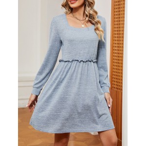 Pleated Solid Color A-Line Long Sleeves Square-Neck Mini Dresses