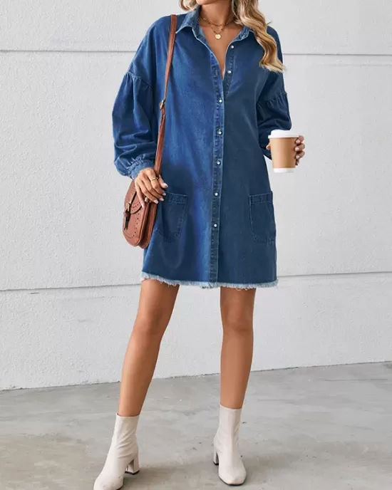 Buttoned Fringed Pleated Pockets Split-Joint Long Sleeves Loose Lapel Mini Dresses