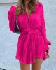 Buttoned Pleated Solid Color Tied Waist Long Sleeves Lapel Shirt Dress Mini Dresses