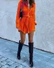 Buttoned Pleated Solid Color Tied Waist Long Sleeves Lapel Shirt Dress Mini Dresses