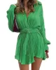 Buttoned Pleated Solid Color Tied Waist Long Sleeves Lapel Shirt Dress Mini Dresses