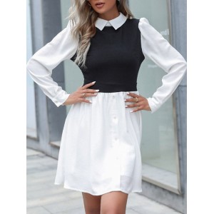 Buttoned Hollow Split-Joint A-Line High Waisted Lapel Mini Dresses